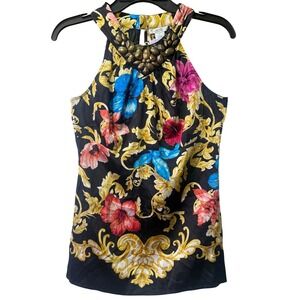 Vintage Cache 95% Silk Halter Floral Peep Hole Back Versace Style Top Size S OBO